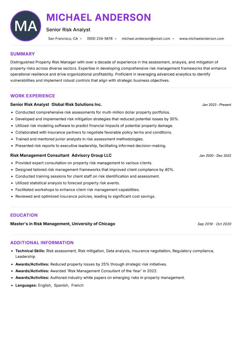 Property Risk Manager Resume Preview Example