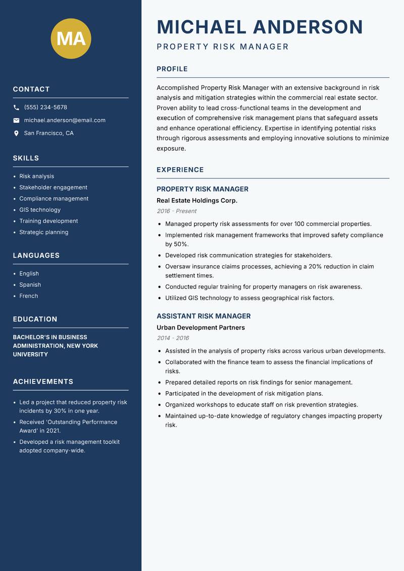 Property Risk Manager Resume Preview Example