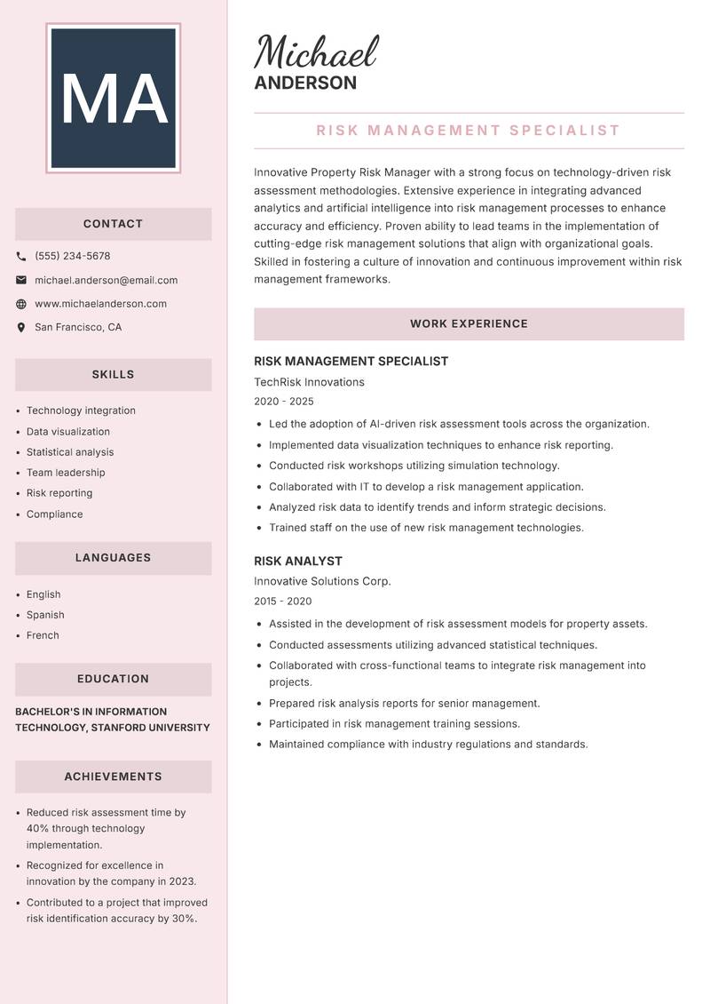 Property Risk Manager Resume Preview Example