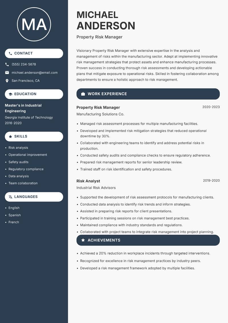 Property Risk Manager Resume Preview Example