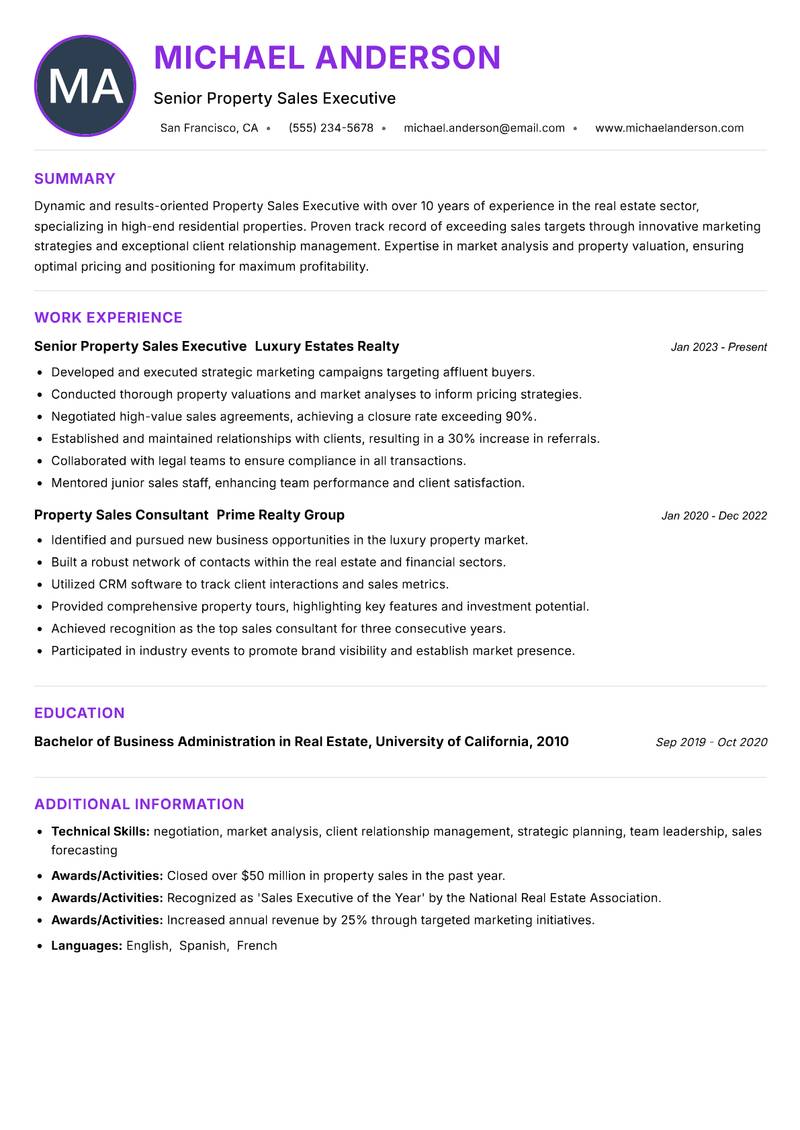 Property Sales Executive Resume Preview Example
