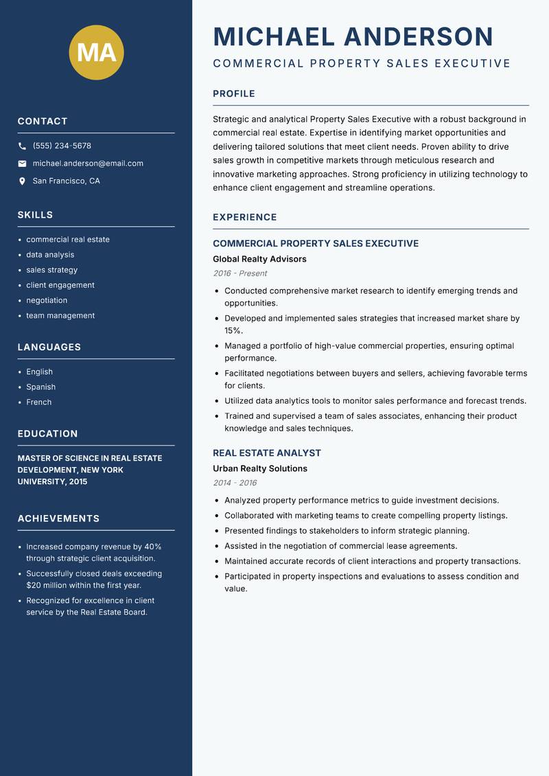Property Sales Executive Resume Preview Example