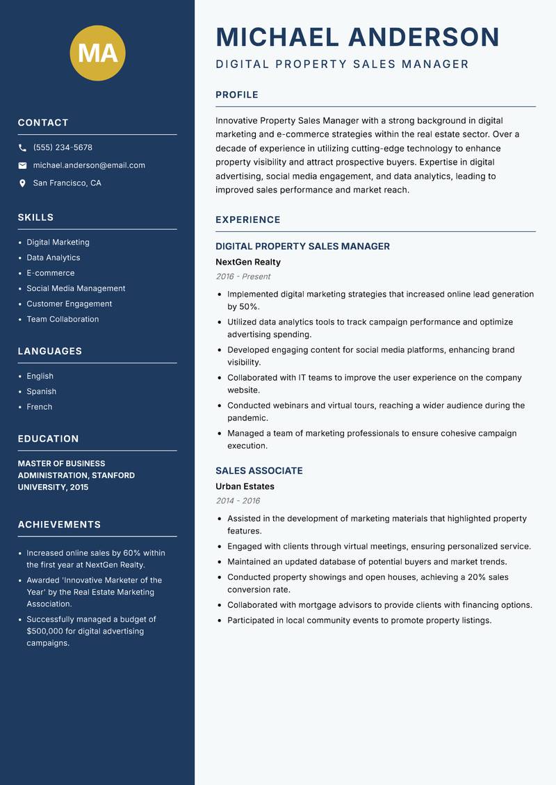 Property Sales Manager Resume Preview Example