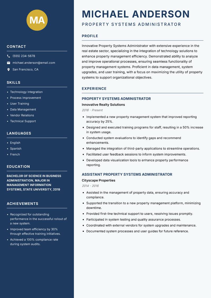 Property Systems Administrator Resume Preview Example
