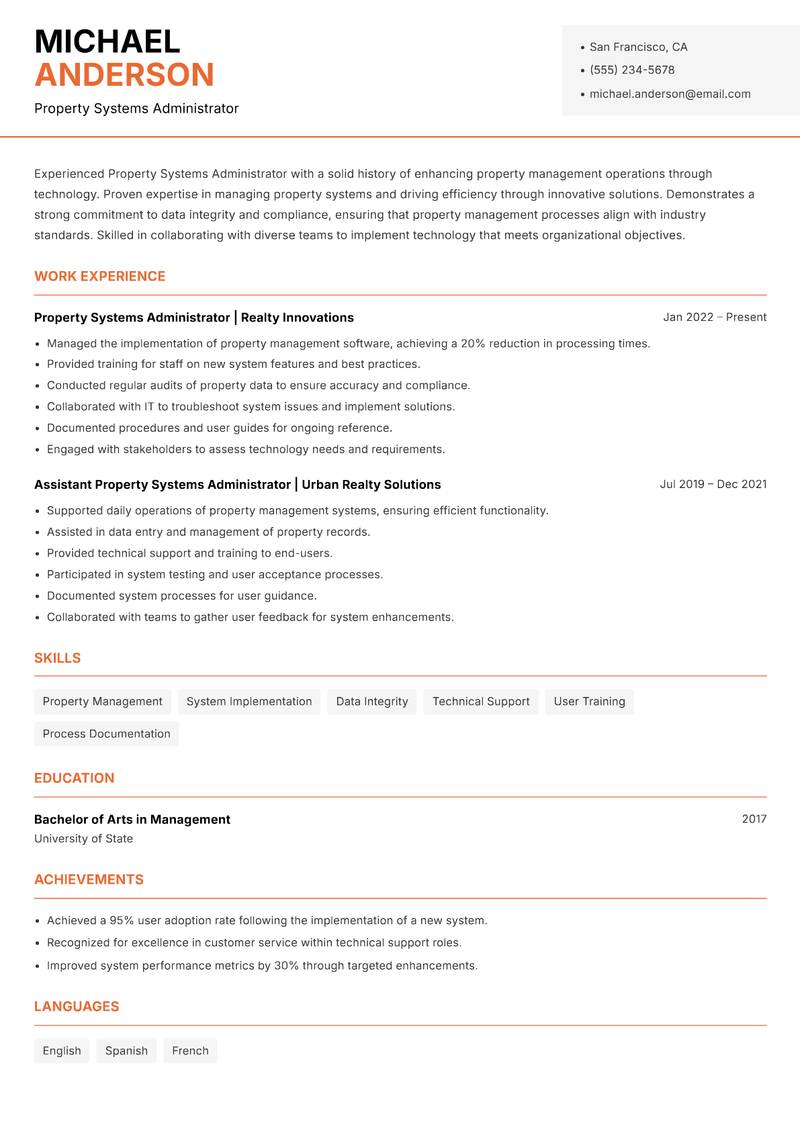 Property Systems Administrator Resume Template