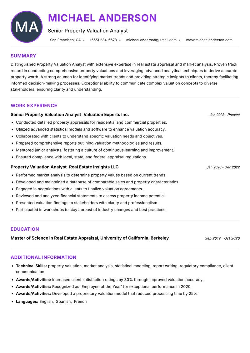 Property Valuation Analyst Resume Preview Example