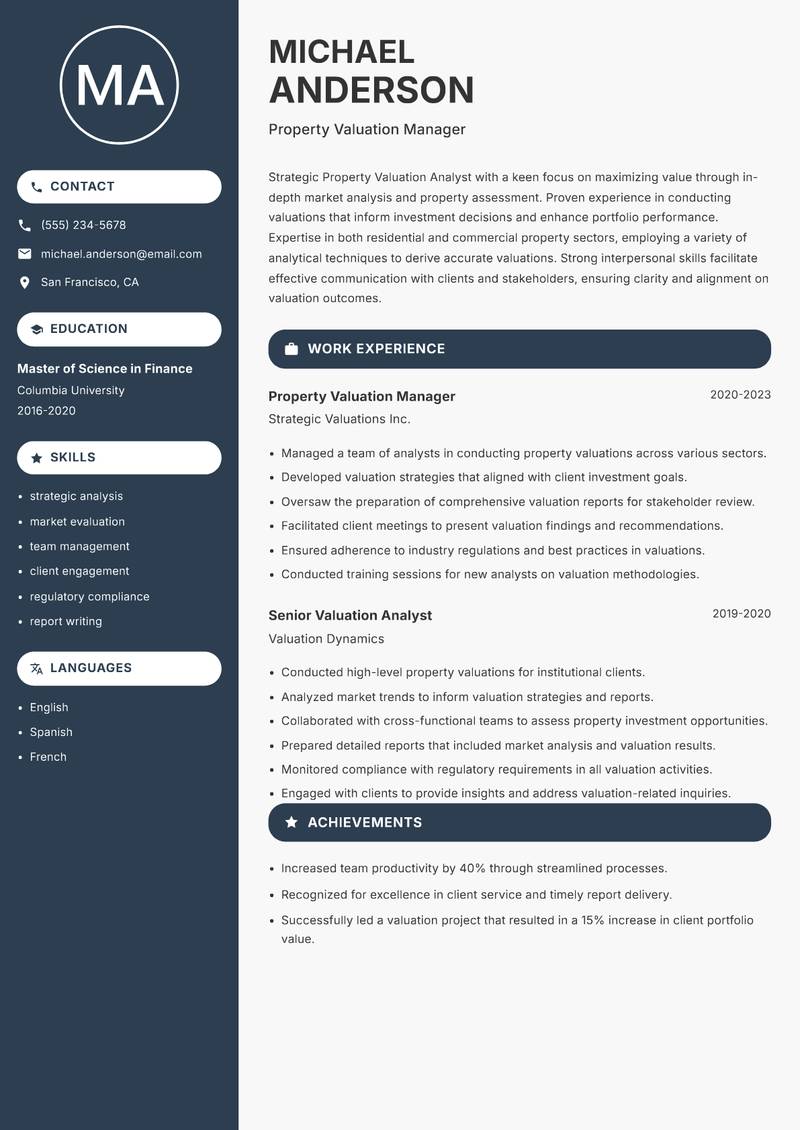 Property Valuation Analyst Resume Preview Example