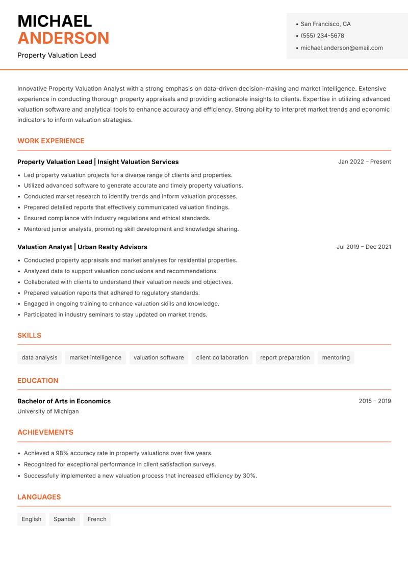 Property Valuation Analyst Resume Template