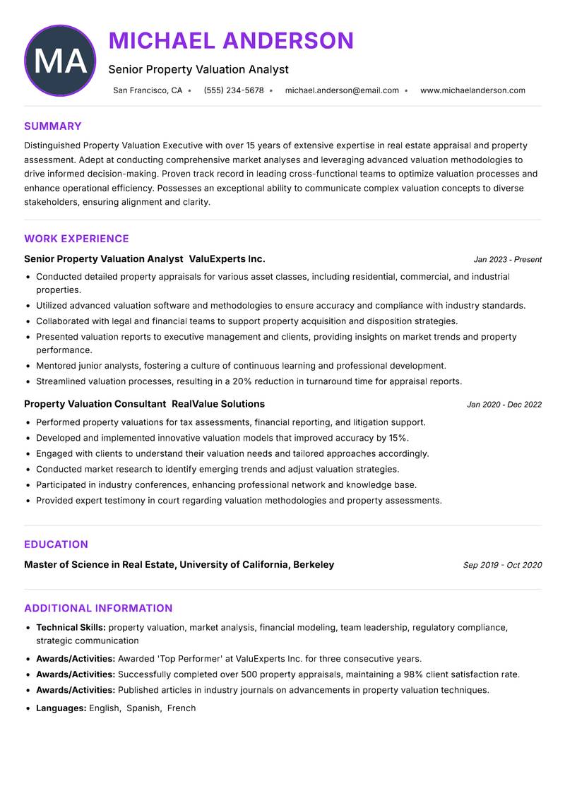 Property Valuation Executive Resume Preview Example