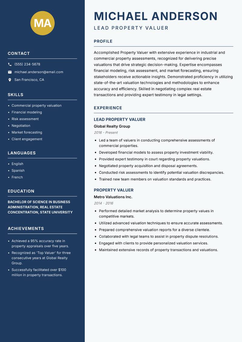 Property Valuer Resume Preview Example