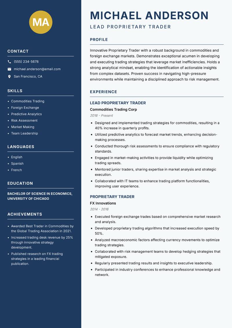 Proprietary Trader Resume Preview Example