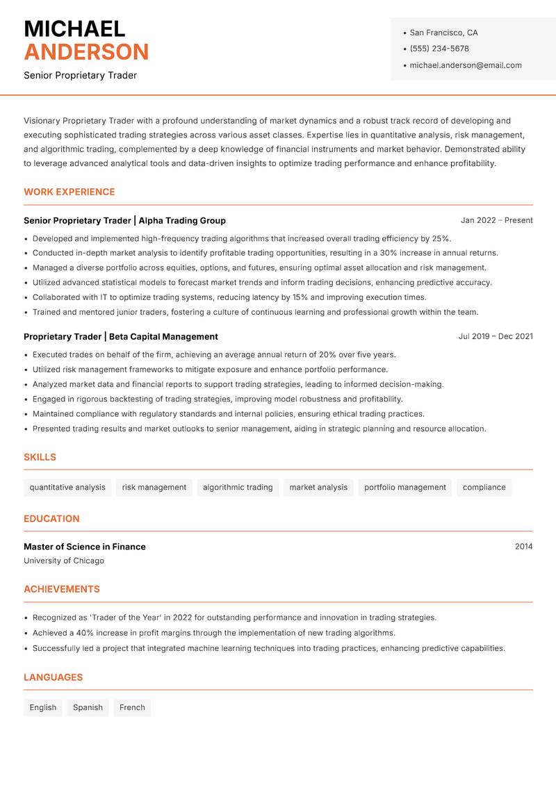 Proprietary Trader Resume Template