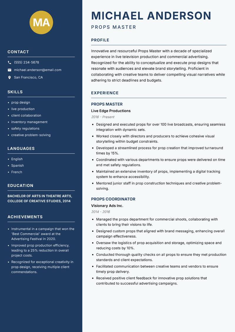 Props Master Resume Preview Example