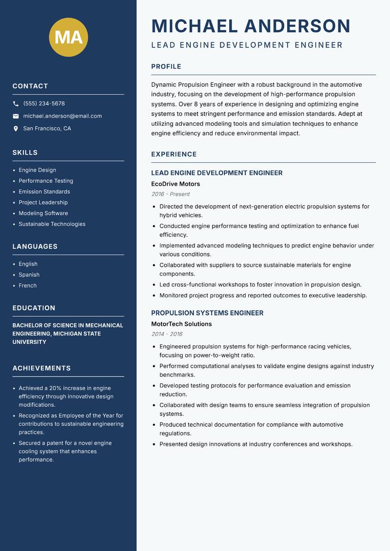 Propulsion Engineer Resume Preview Example