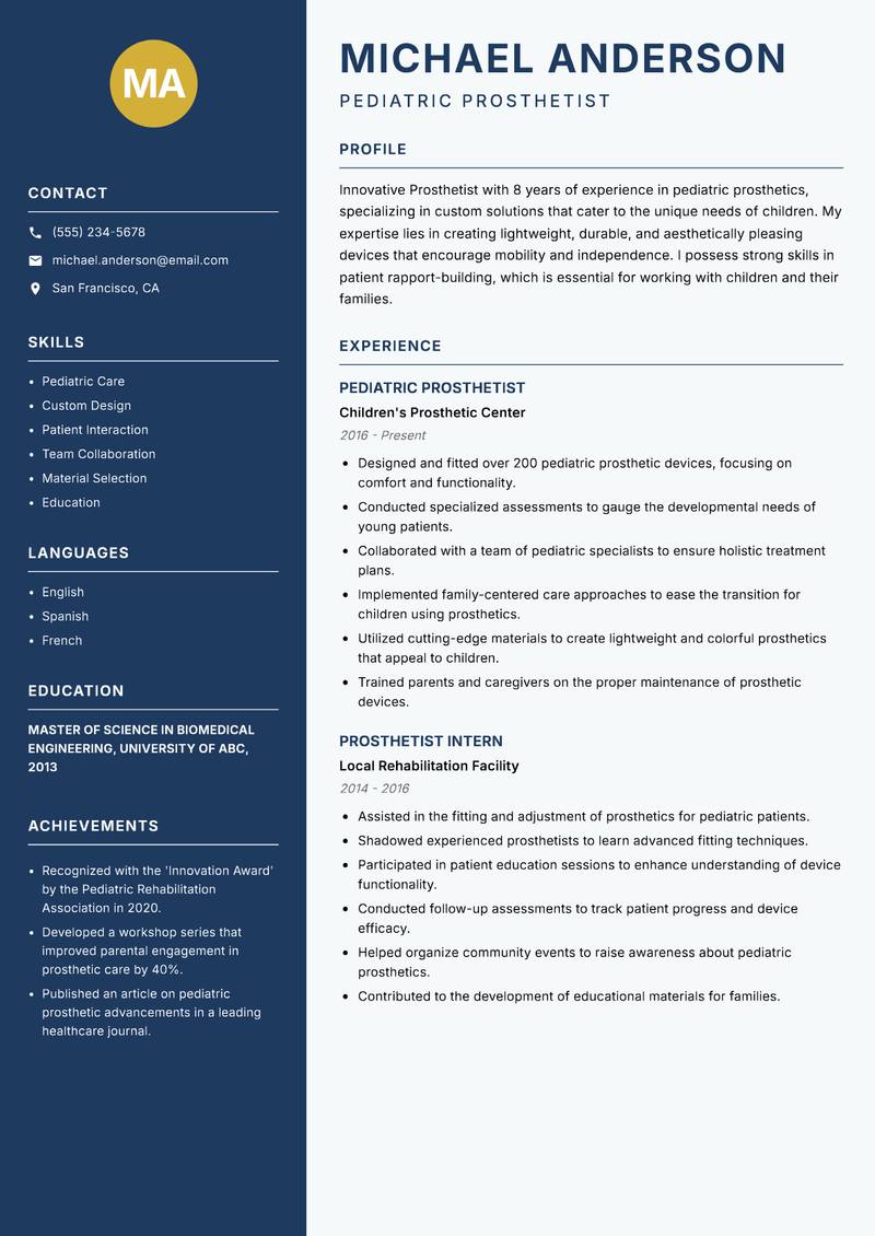 Prosthetist Resume Preview Example