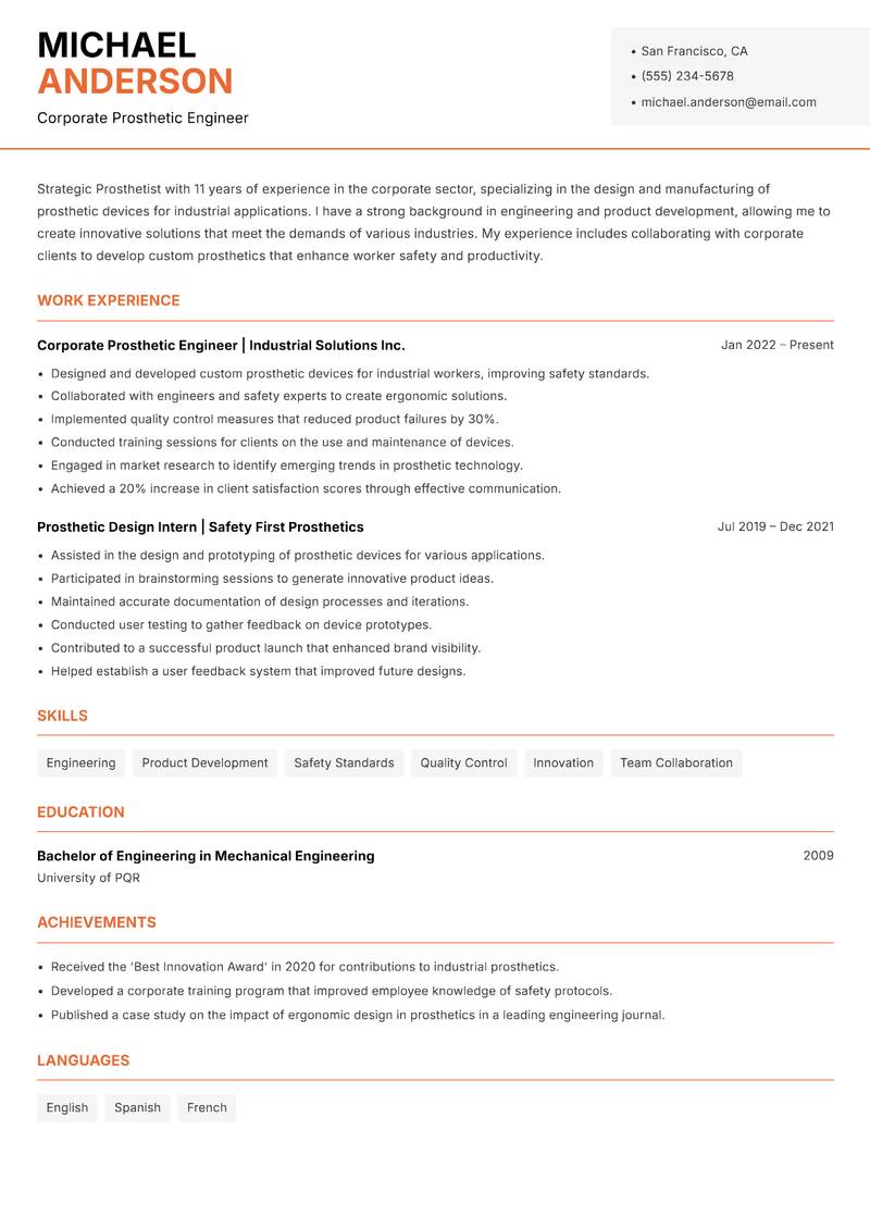 Prosthetist Resume Template