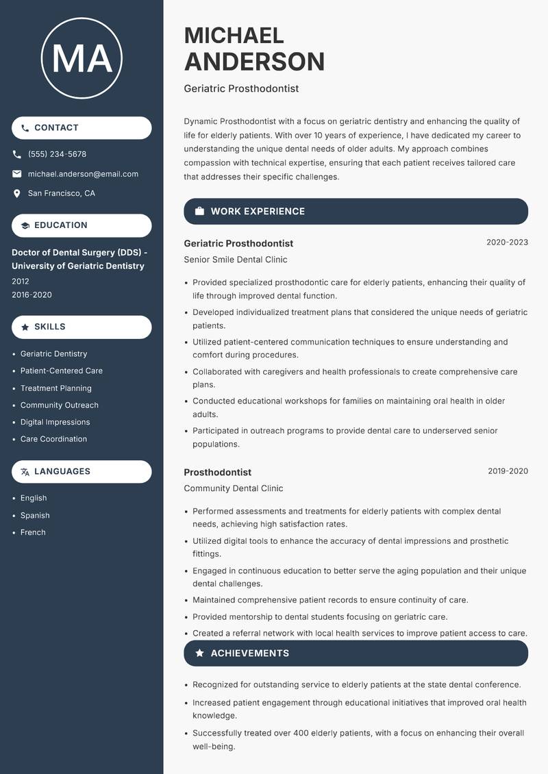 Prosthodontist Resume Preview Example