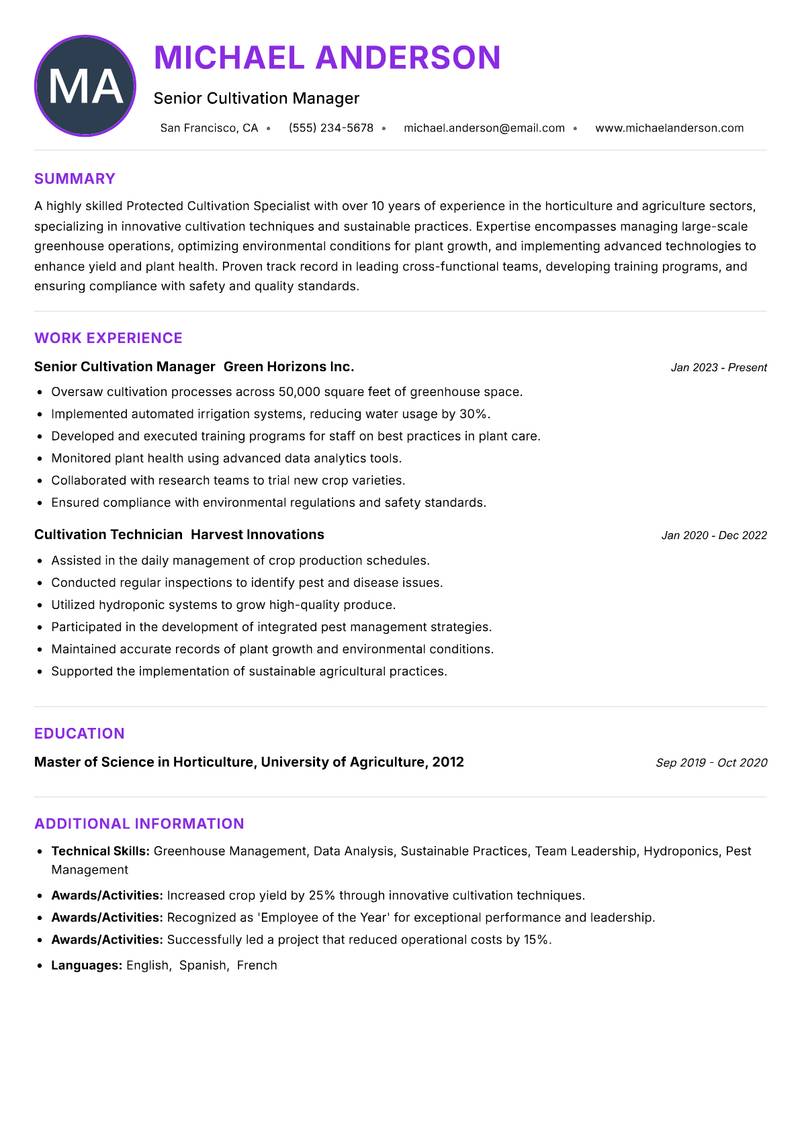 Protected Cultivation Specialist Resume Preview Example