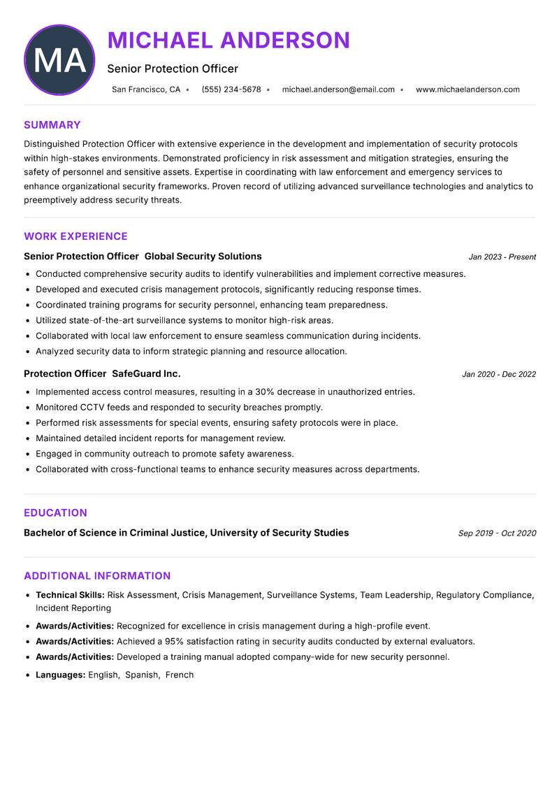 Protection Officer Resume Preview Example