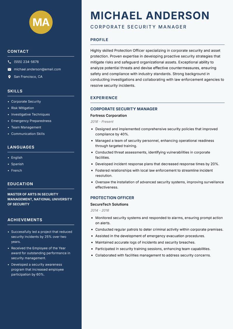 Protection Officer Resume Preview Example
