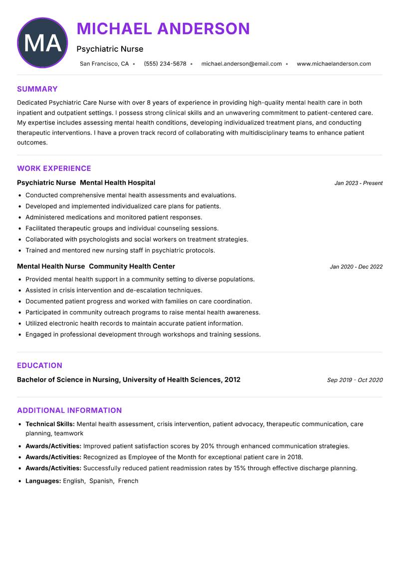 Psychiatric Care Nurse Resume Preview Example