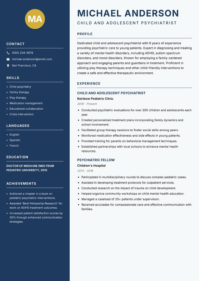 Psychiatrist Resume Preview Example