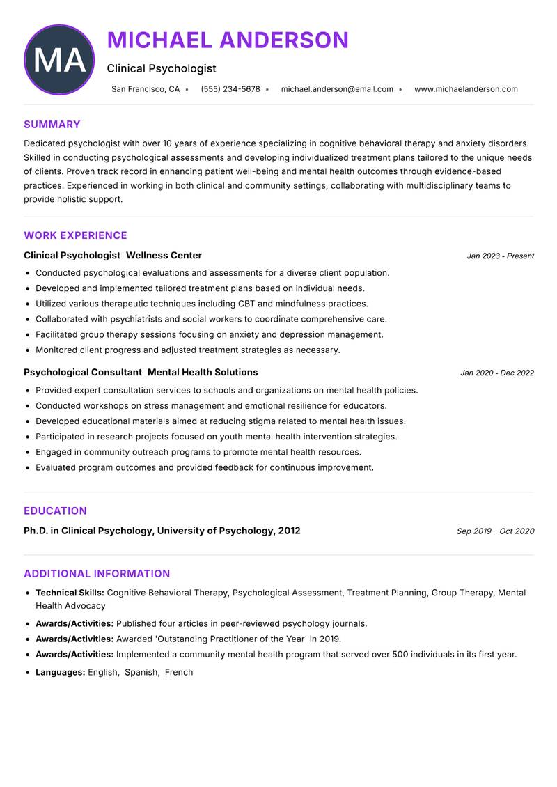 Psychologist Resume Preview Example