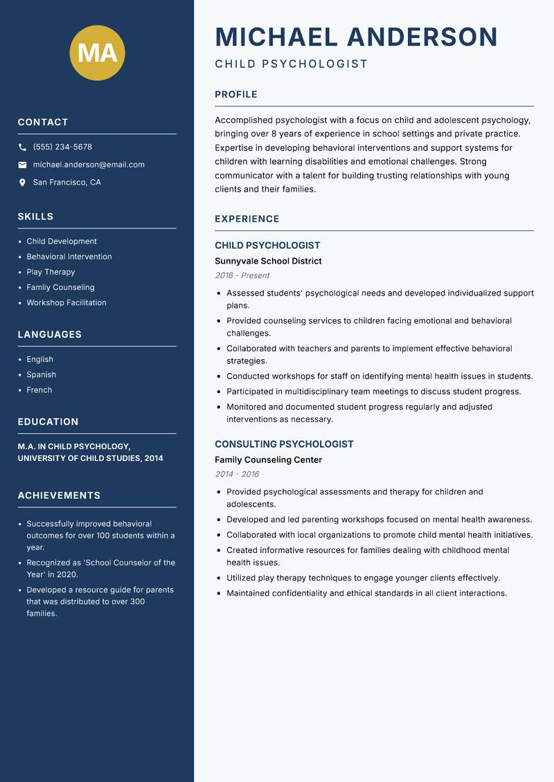 Psychologist Resume Preview Example