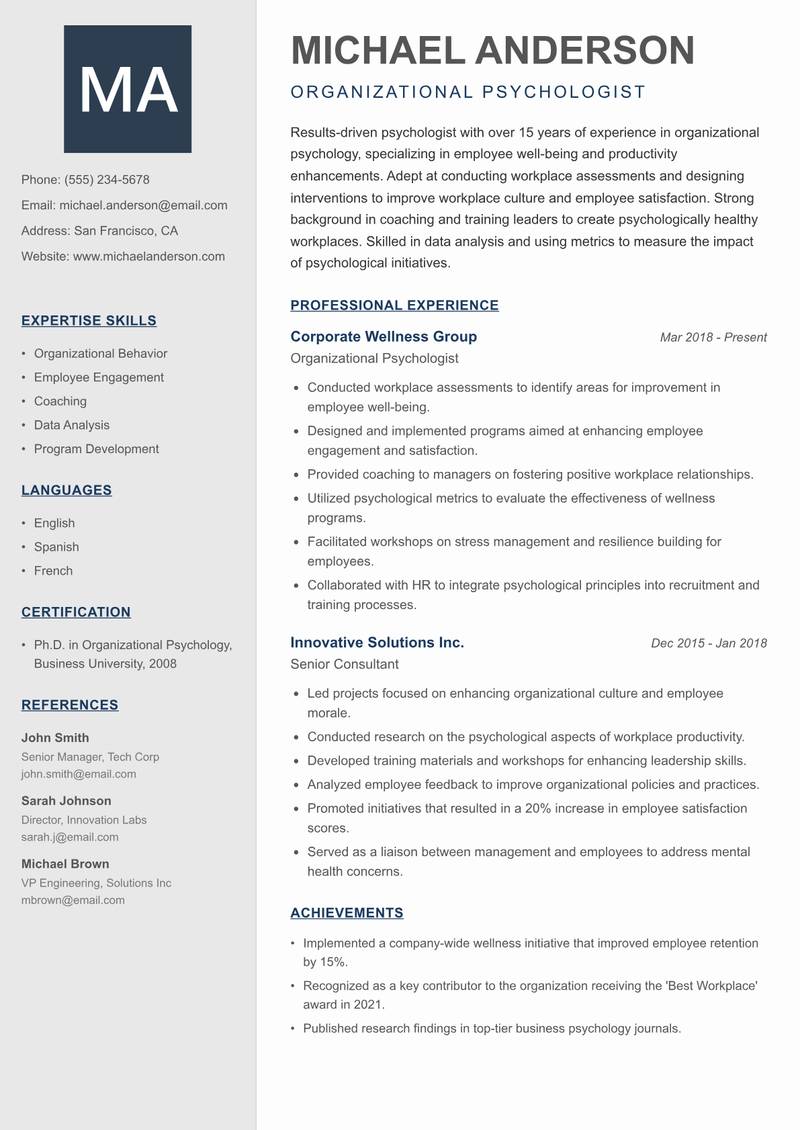 Psychologist Resume Preview Example
