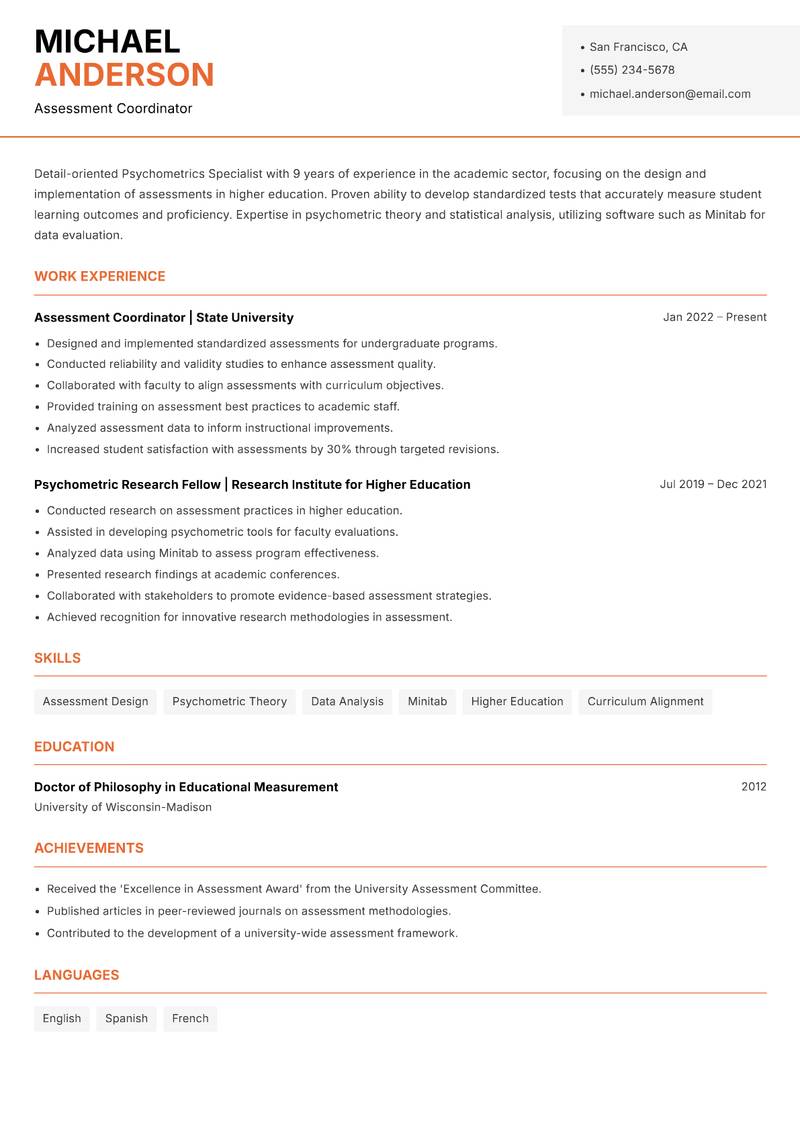 Psychometrics Specialist Resume Template