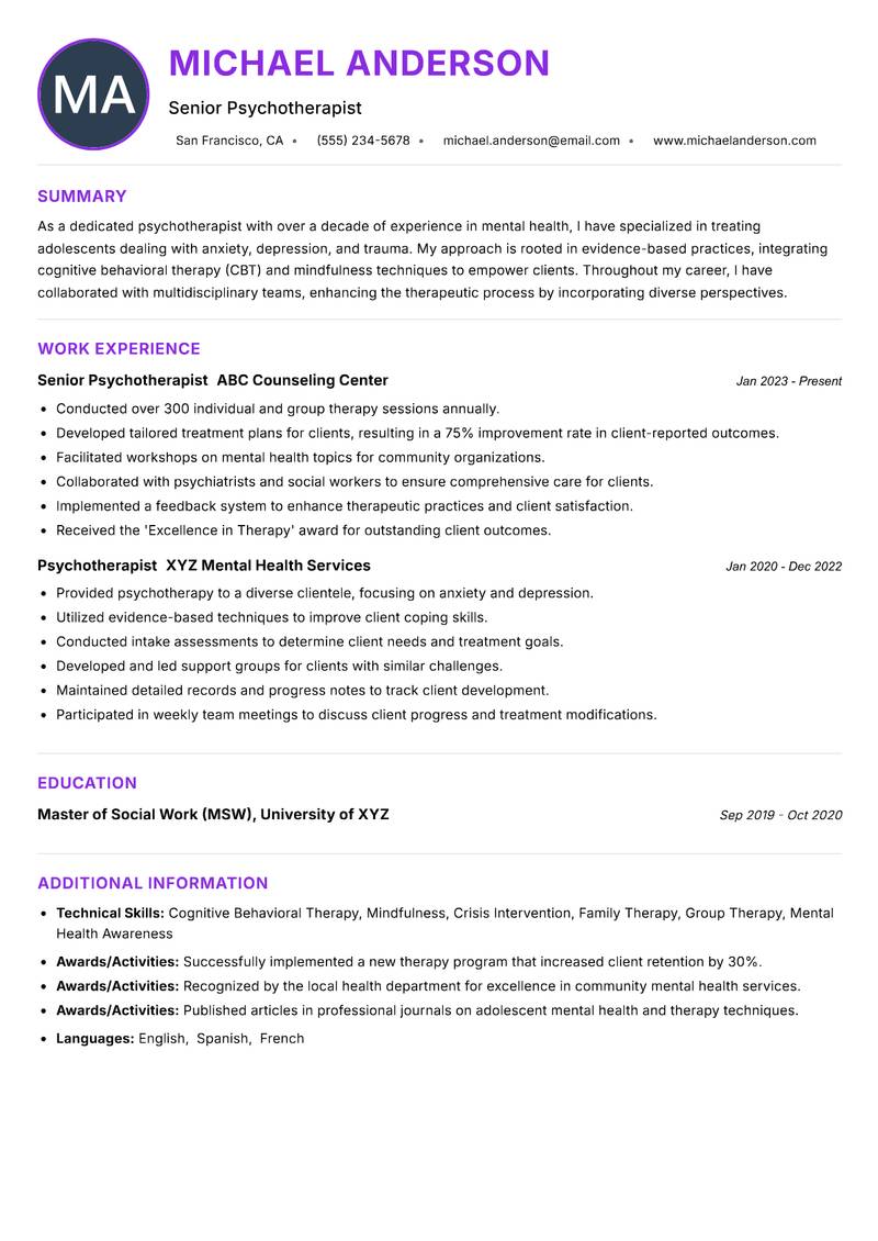 Psychotherapist Resume Preview Example