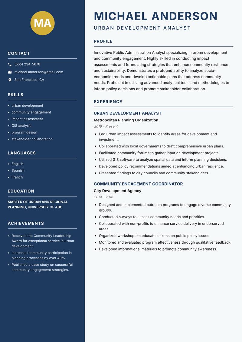 Public Administration Analyst Resume Preview Example