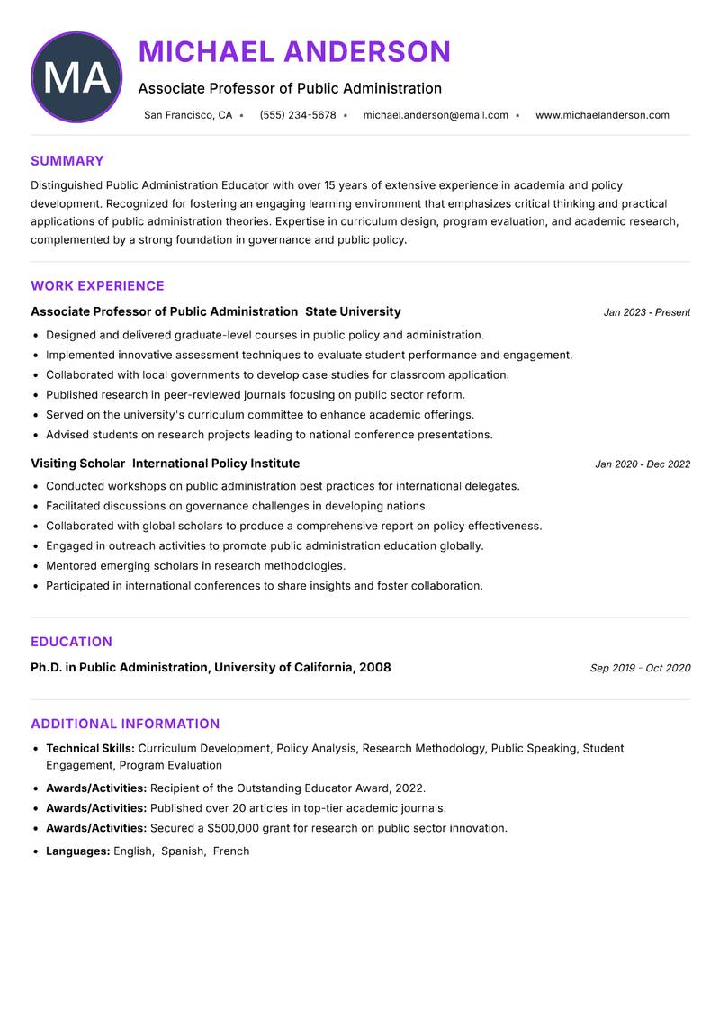 Public Administration Educator Resume Preview Example