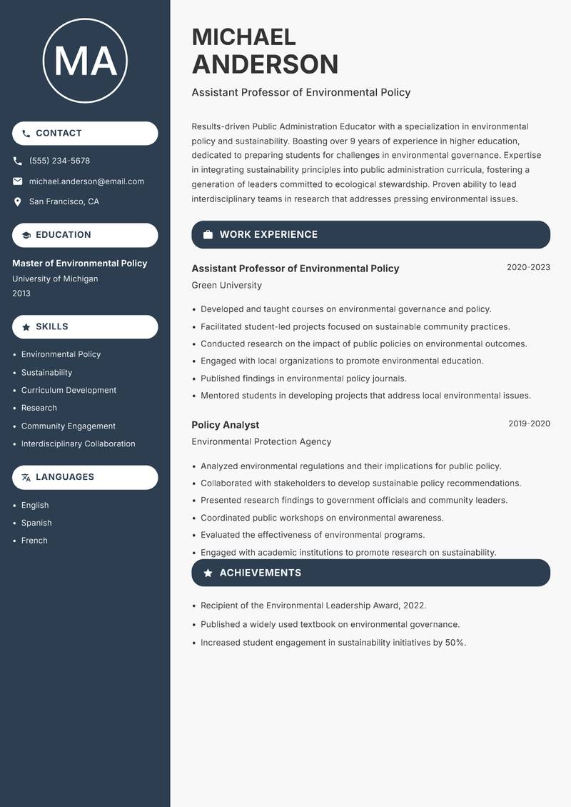 Public Administration Educator Resume Preview Example