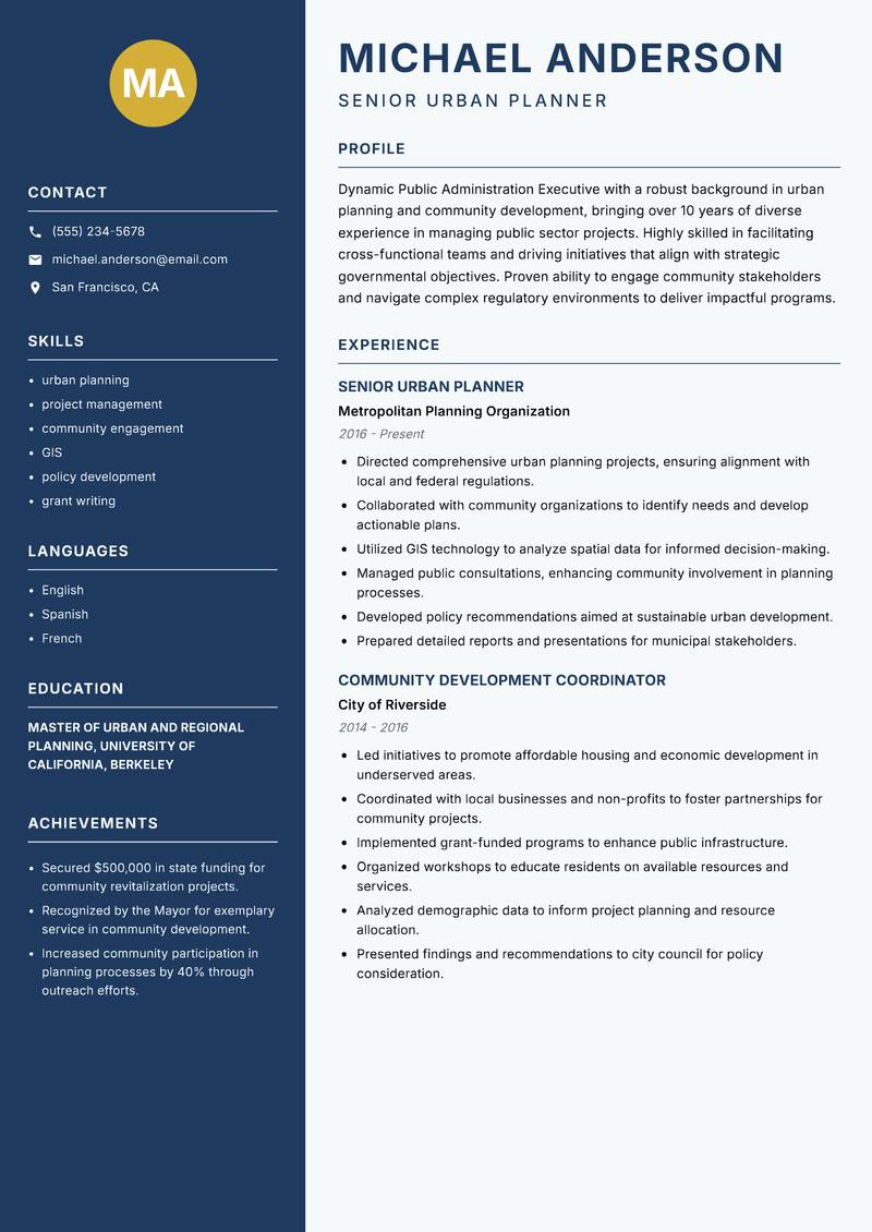 Public Administration Executive Resume Preview Example