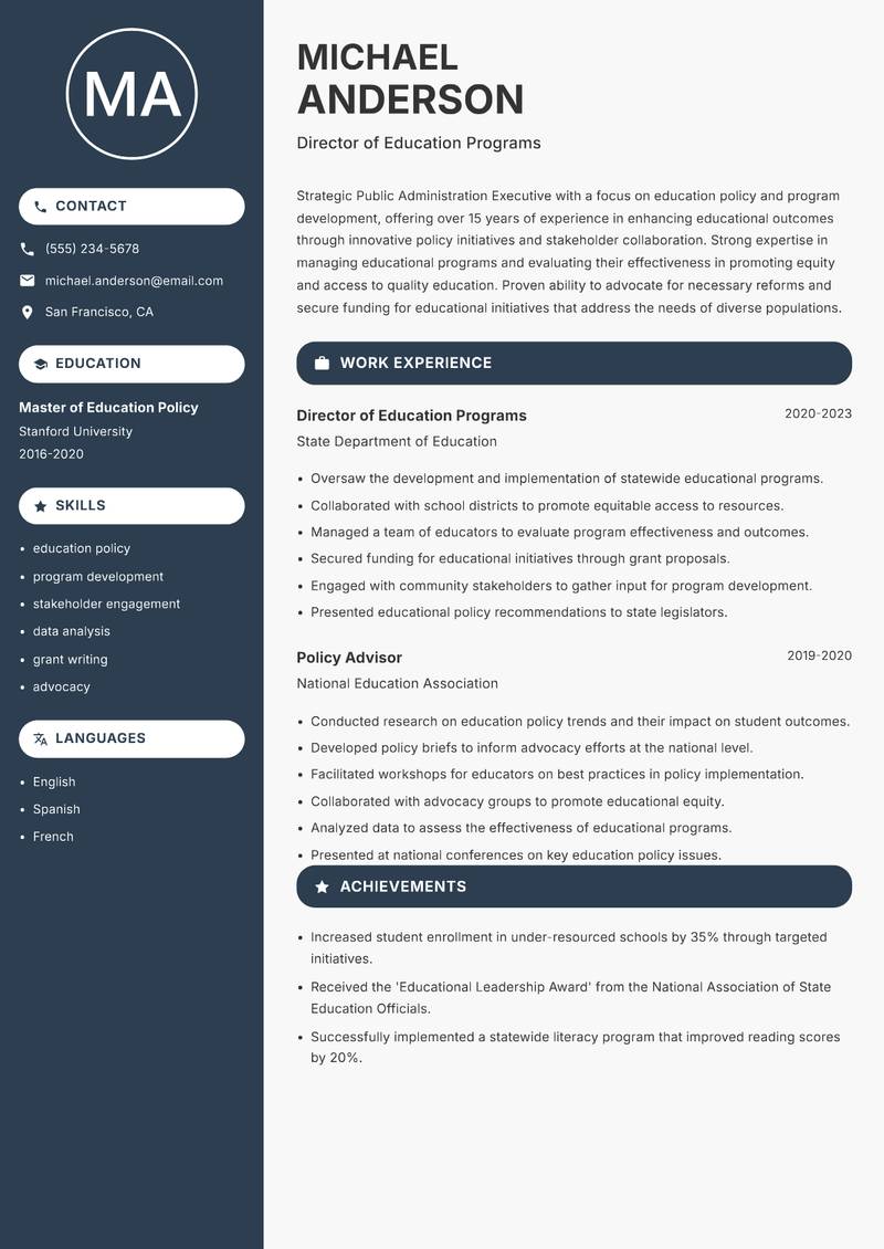 Public Administration Executive Resume Preview Example