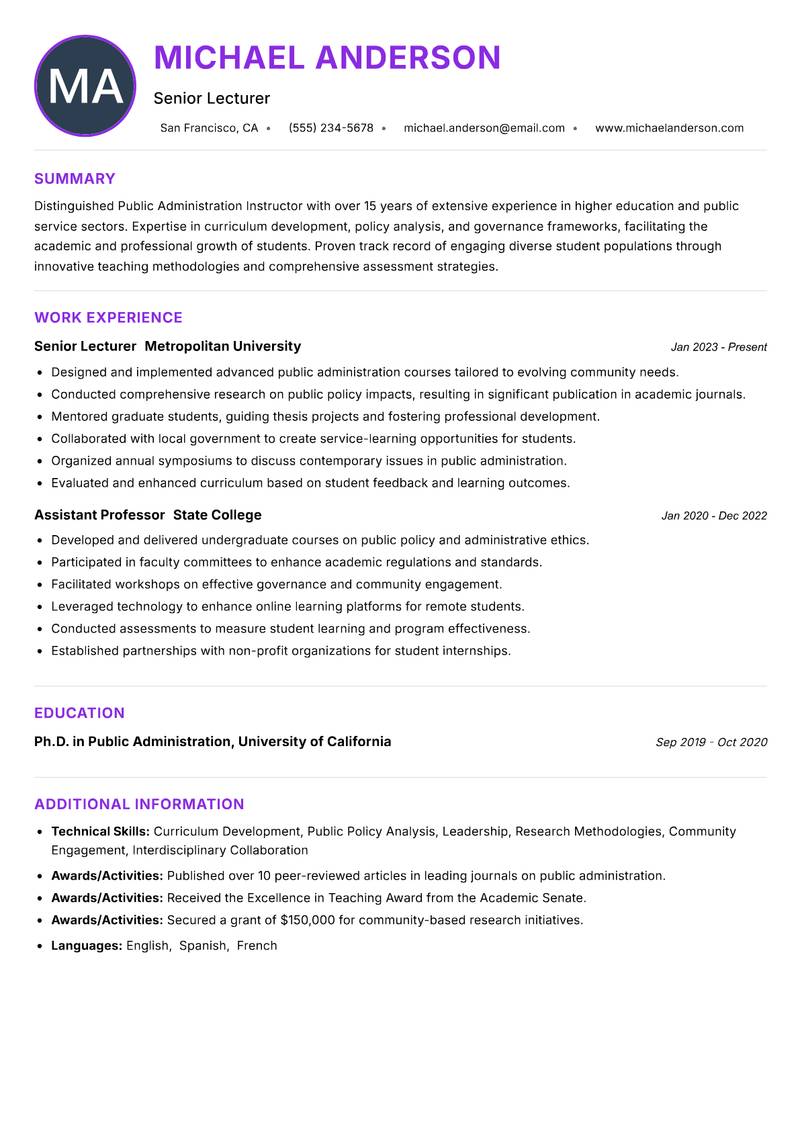 Public Administration Instructor Resume Preview Example