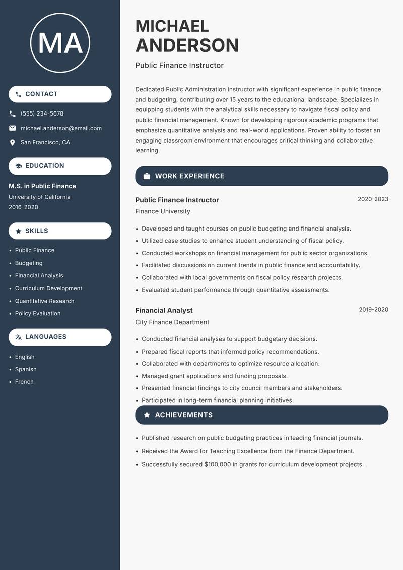 Public Administration Instructor Resume Preview Example