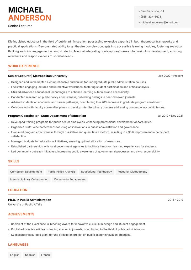 Public Administration Instructor Resume Template