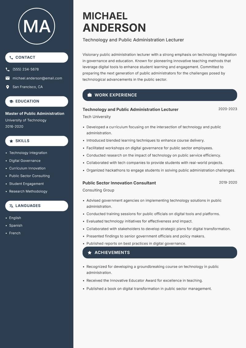 Public Administration Lecturer Resume Preview Example