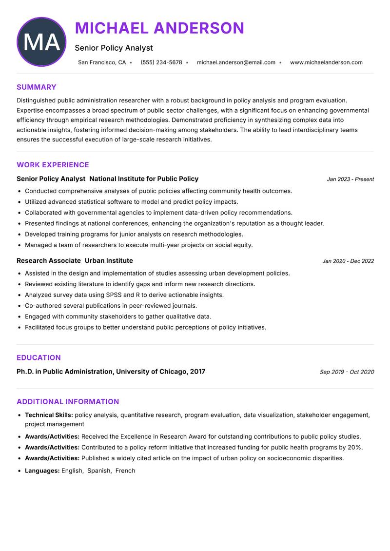 Public Administration Researcher Resume Preview Example