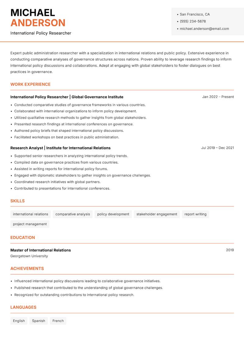 Public Administration Researcher Resume Template
