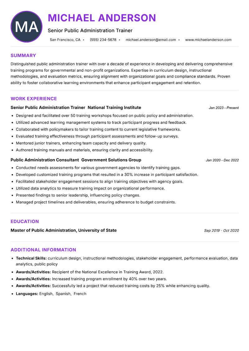 Public Administration Trainer Resume Preview Example