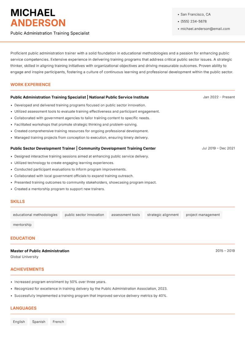 Public Administration Trainer Resume Template