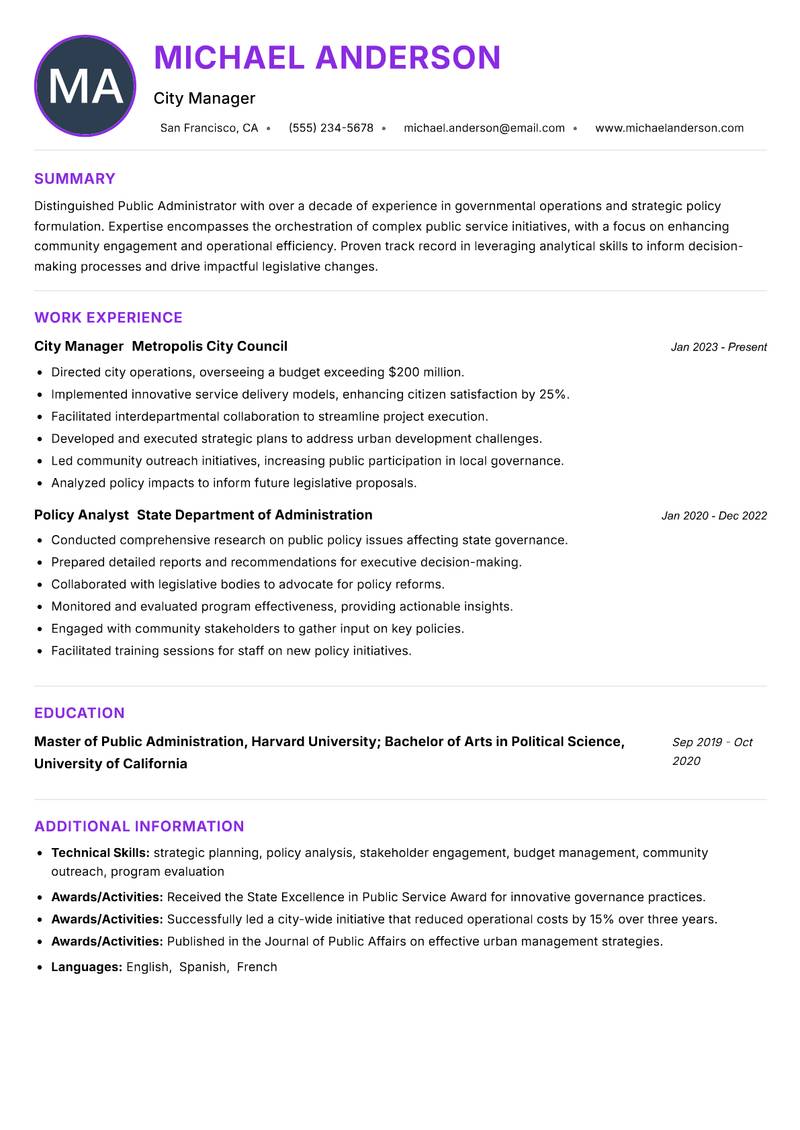 Public Administrator Resume Preview Example