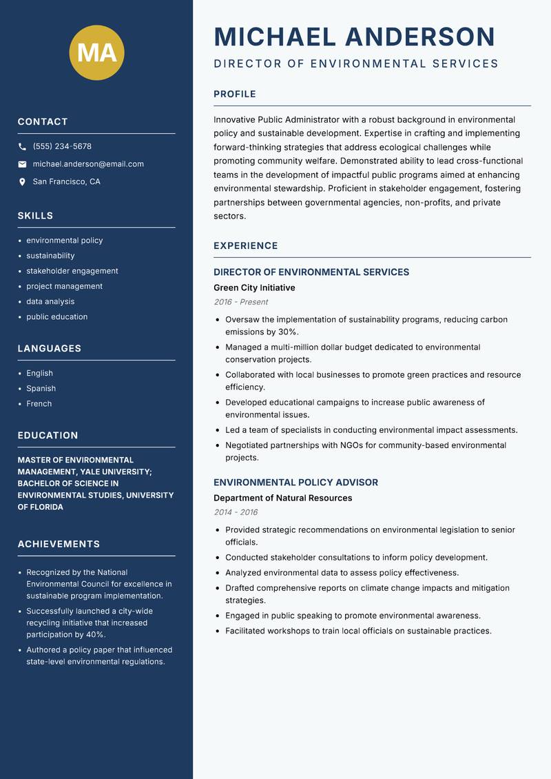 Public Administrator Resume Preview Example