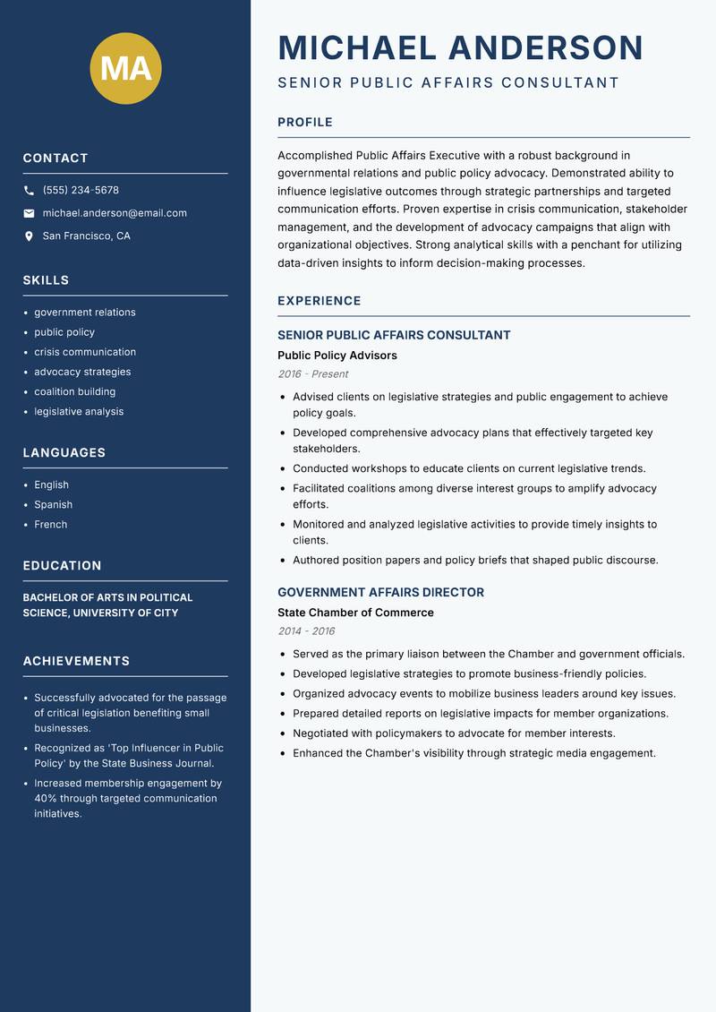 Public Affairs Executive Resume Preview Example