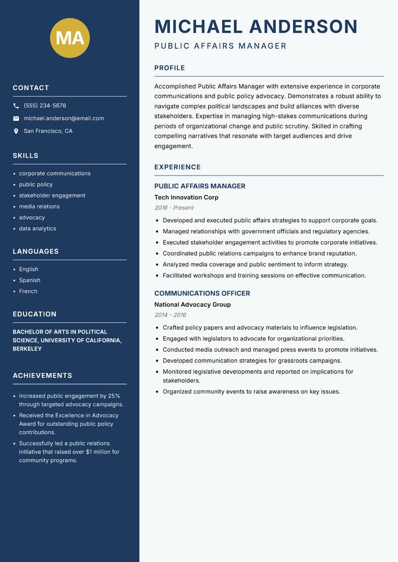 Public Affairs Manager Resume Preview Example