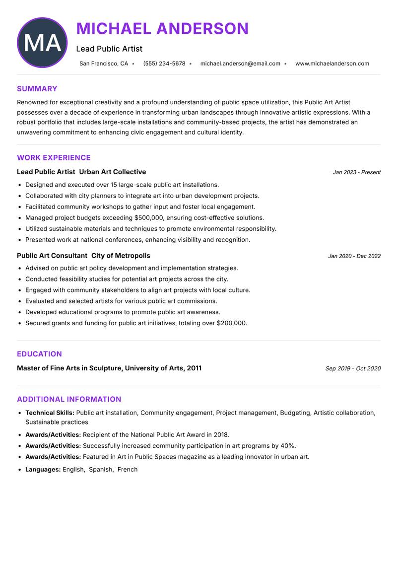 Public Art Artist Resume Preview Example