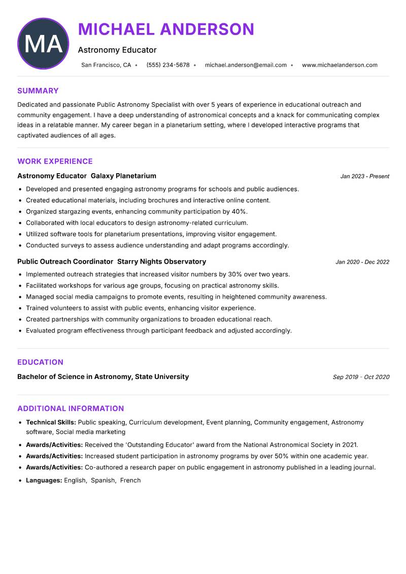 Public Astronomy Specialist Resume Preview Example